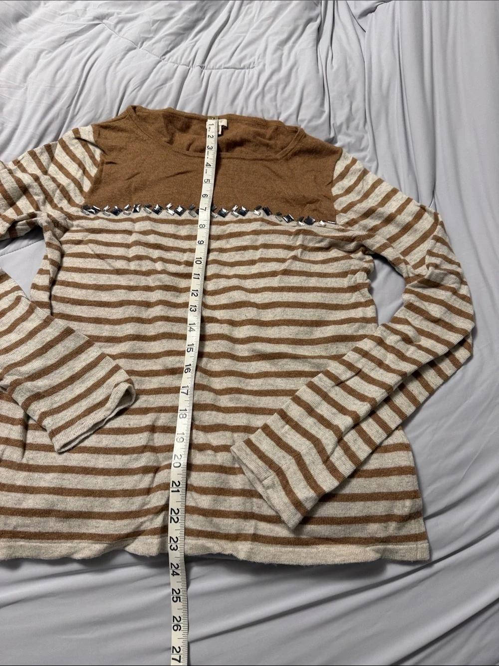 J. Crew Brown and Cream Striped Crewneck Sweater with Embellished Yoke